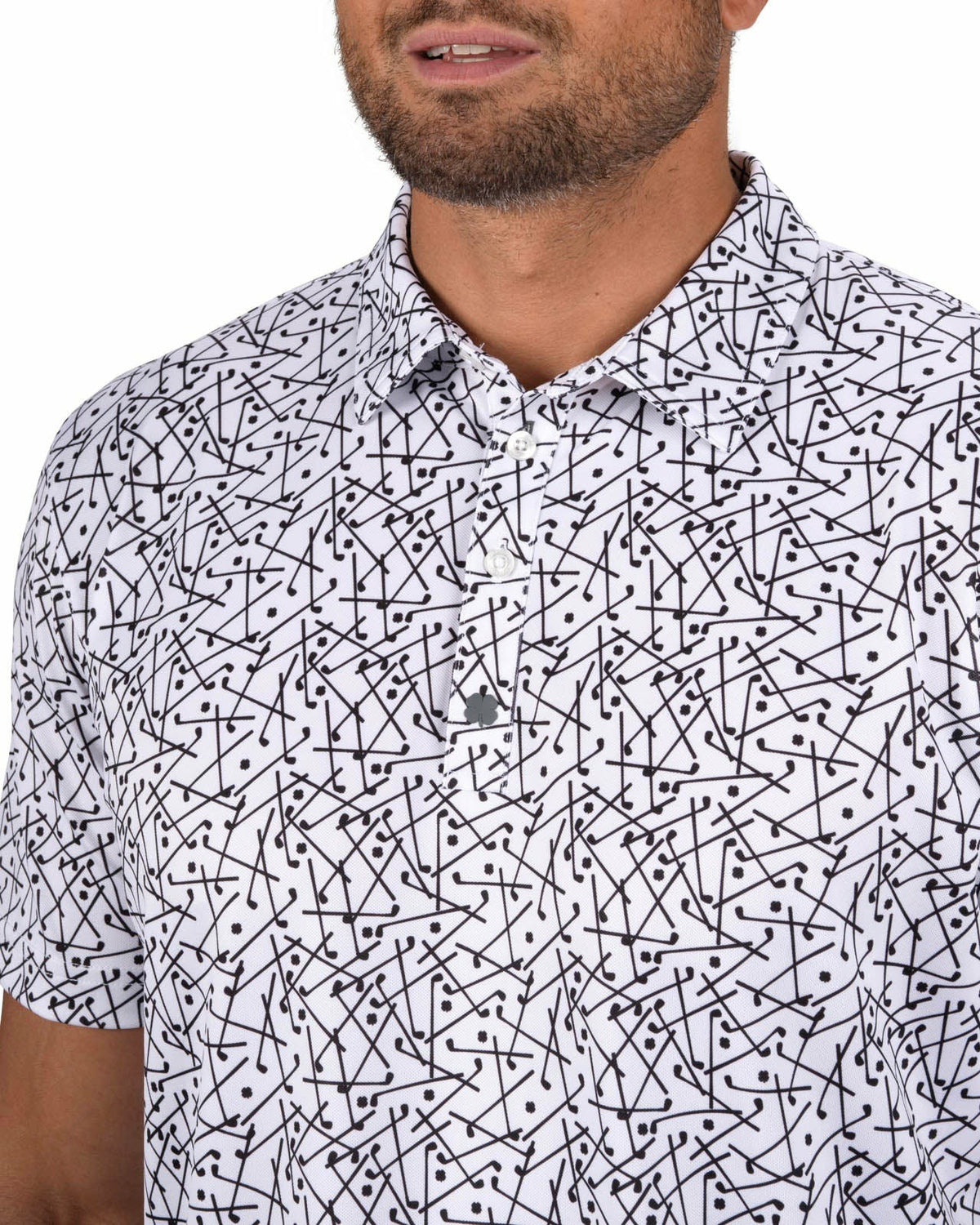 Men's White Performance Polo with Black Mini Golf Club Pattern