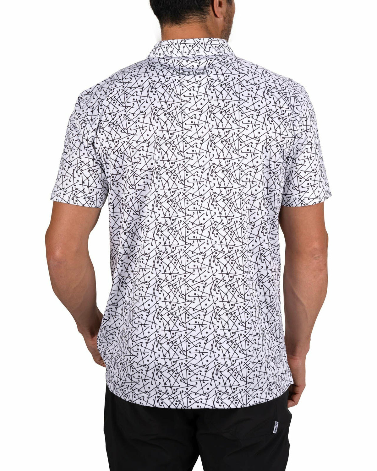 Men's White Performance Polo with Black Mini Golf Club Pattern