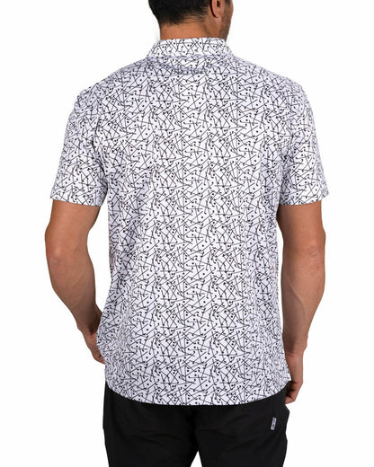 Men's White Performance Polo with Black Mini Golf Club Pattern