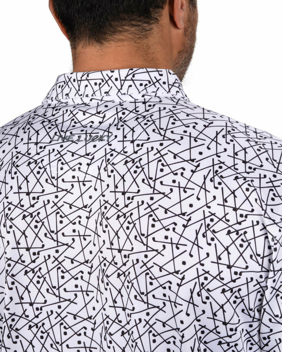 Men's White Performance Polo with Black Mini Golf Club Pattern