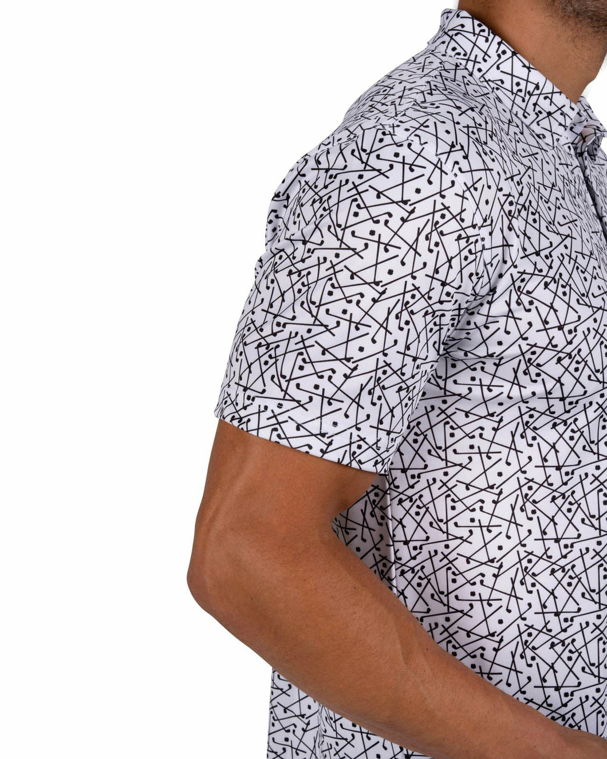Men's White Performance Polo with Black Mini Golf Club Pattern