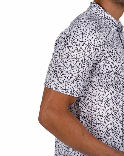Men's White Performance Polo with Black Mini Golf Club Pattern