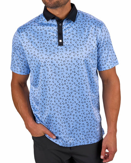 Men's Light Blue Golf Polo with Horseshoe and Clover Pattern