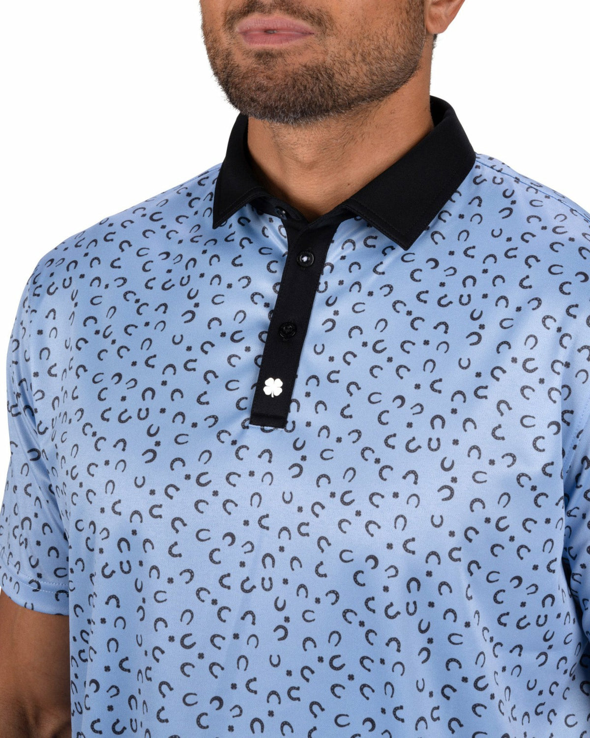 Men's Light Blue Golf Polo with Horseshoe and Clover Pattern