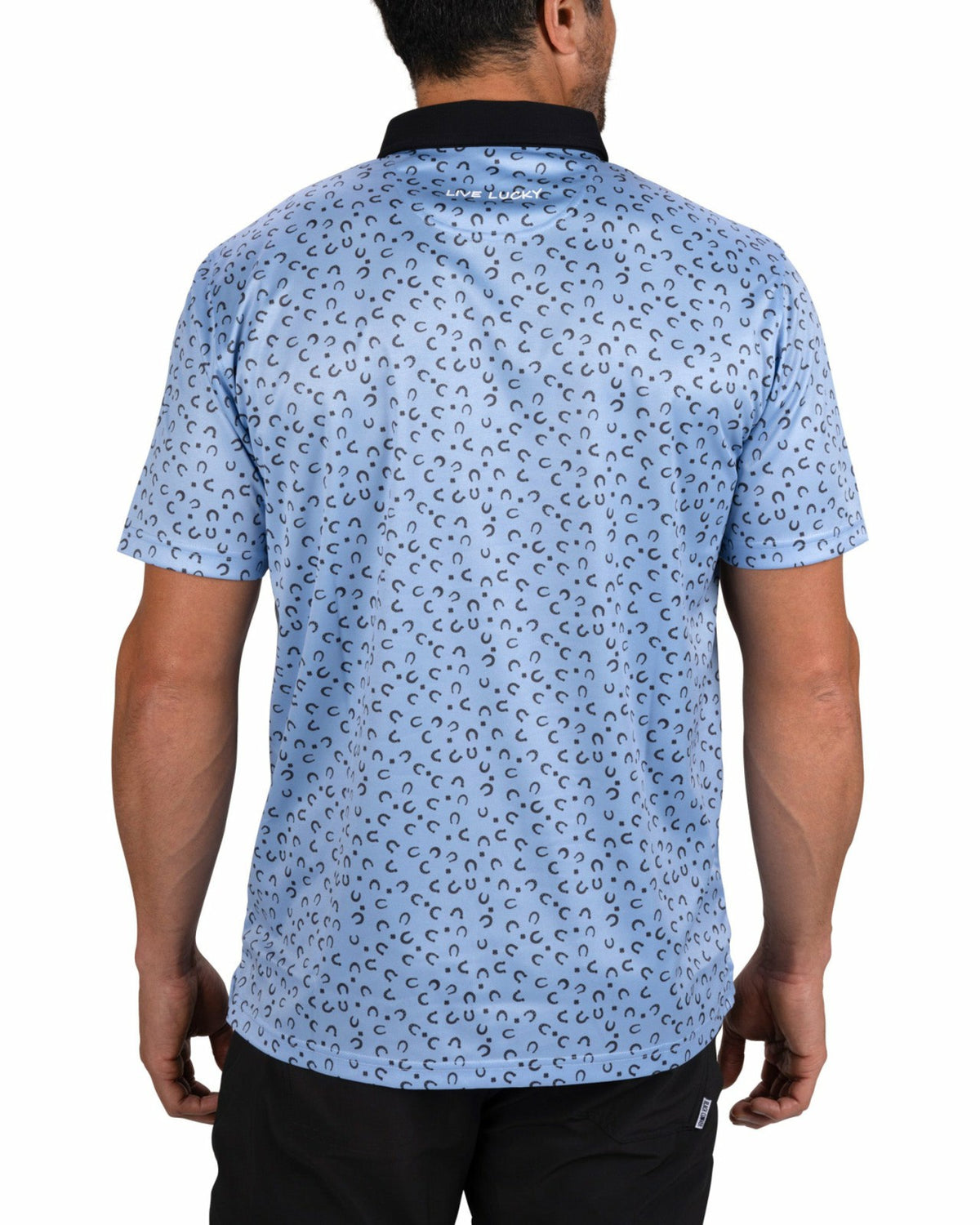Men's Light Blue Golf Polo with Horseshoe and Clover Pattern