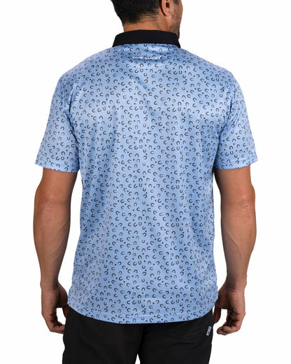 Men's Light Blue Golf Polo with Horseshoe and Clover Pattern