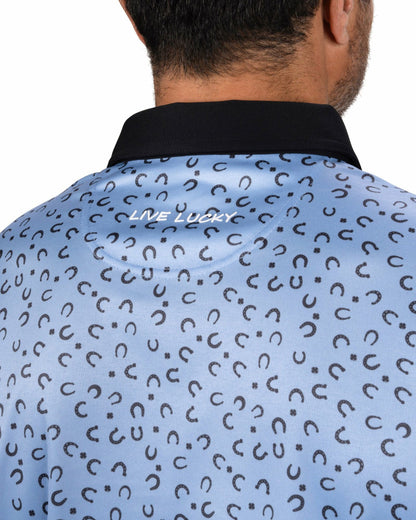 Men's Light Blue Golf Polo with Horseshoe and Clover Pattern