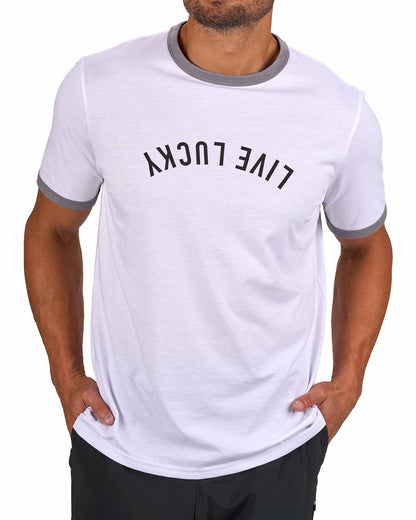Super Soft Men's White Graphic Tee with Live Lucky logo