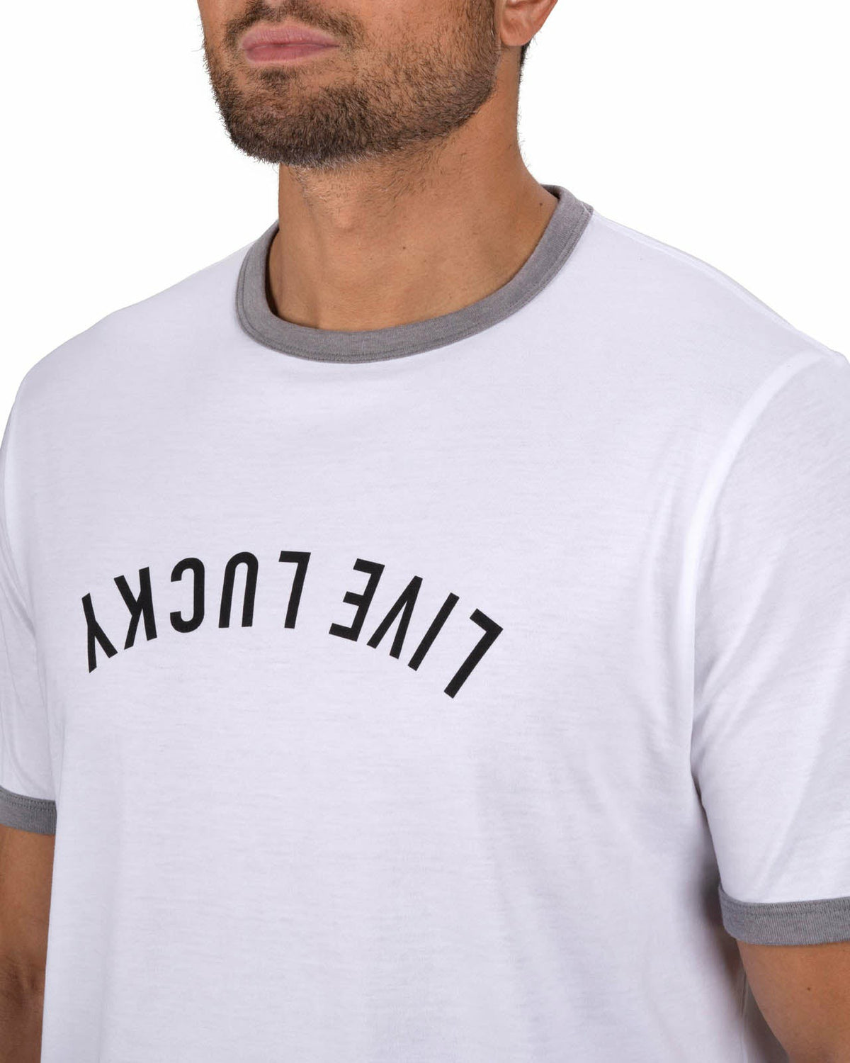 Super Soft Men's White Graphic Tee with Live Lucky logo