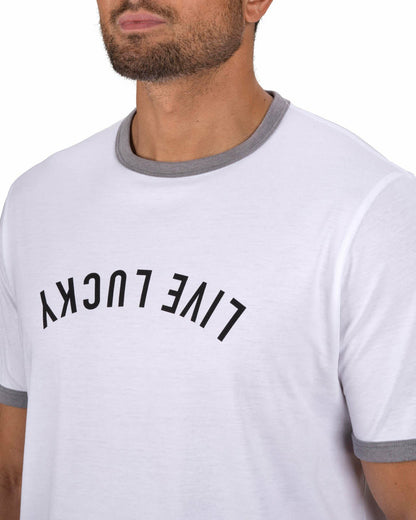 Super Soft Men's White Graphic Tee with Live Lucky logo