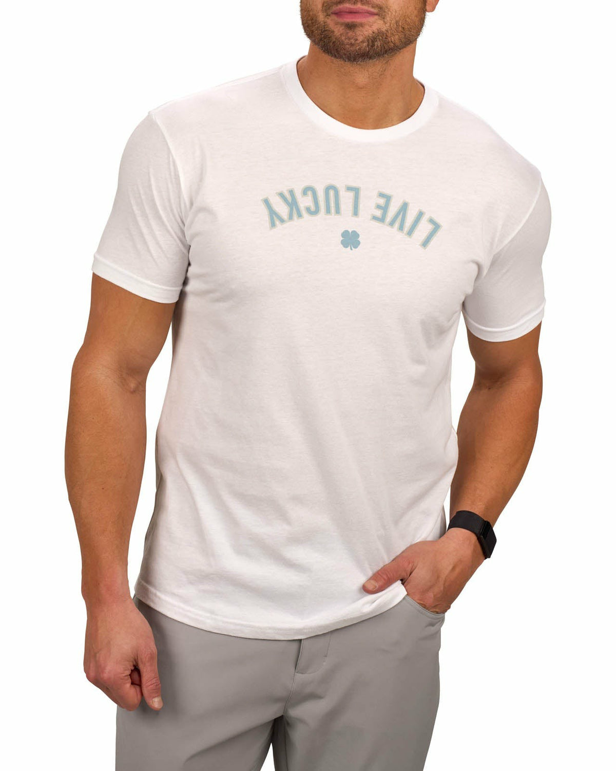Men's White Graphic Tee with Blue Upside Down Logo for Golf & Lifestyle