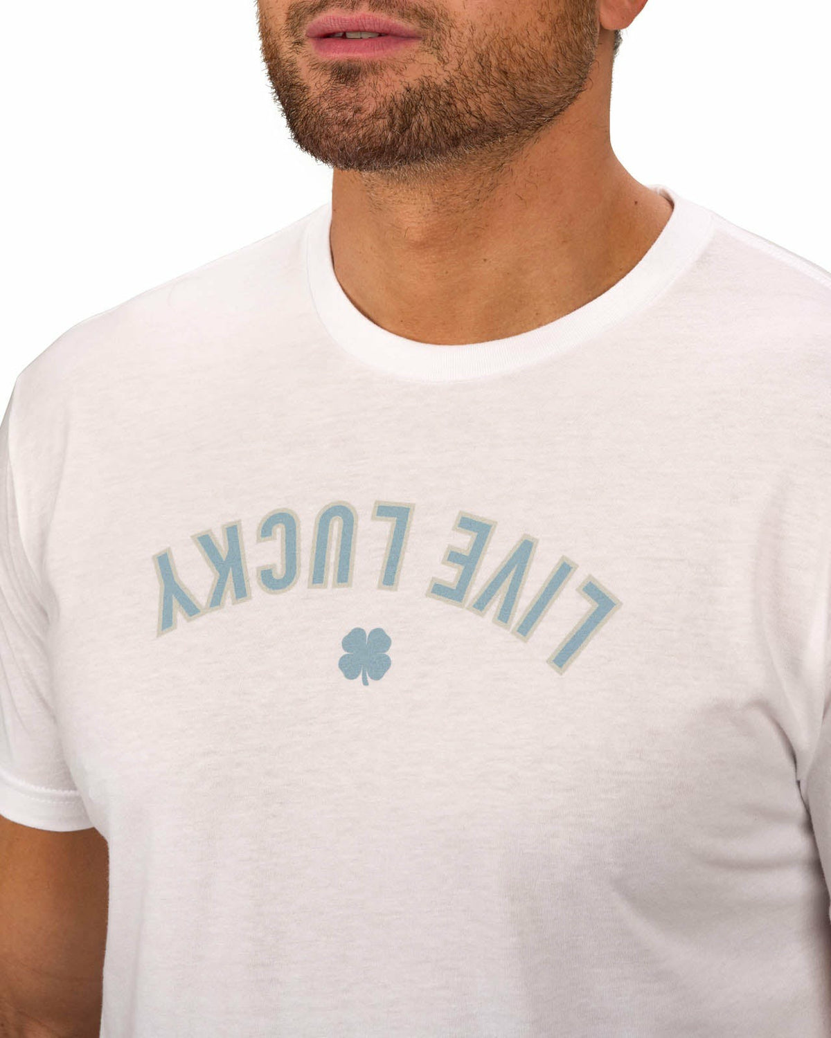 Men's White Graphic Tee with Blue Upside Down Logo for Golf & Lifestyle