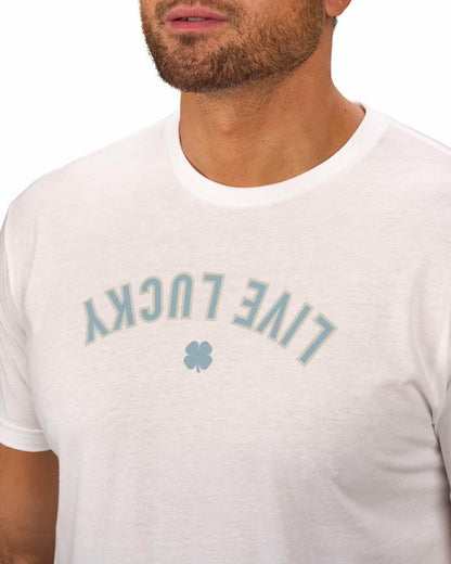 Men's White Graphic Tee with Blue Upside Down Logo for Golf & Lifestyle