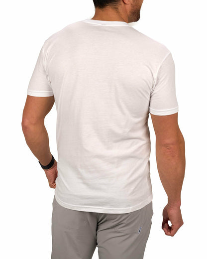 Men's White Graphic Tee with Blue Upside Down Logo for Golf & Lifestyle