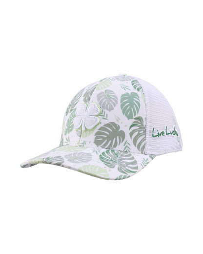 Unisex White and Green Floral Print Tropical Trucker Hat