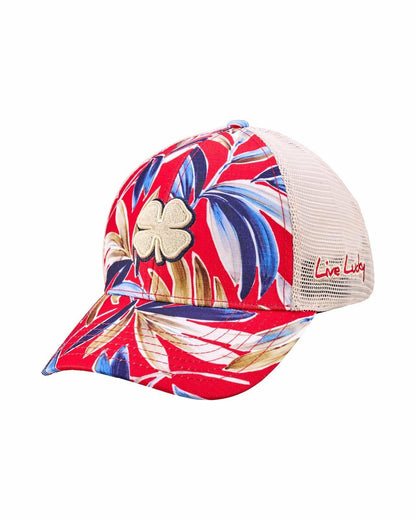 Unisex Red and Navy Floral Print Tropical Trucker Hat