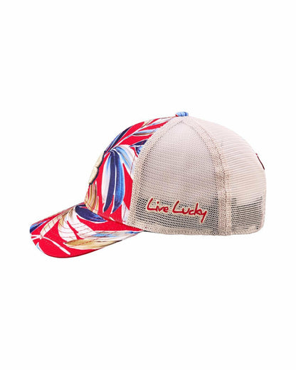 Unisex Red and Navy Floral Print Tropical Trucker Hat