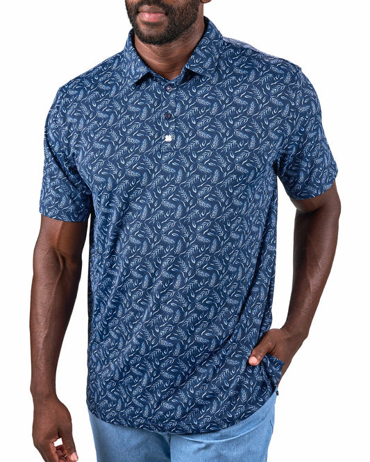 Men's Stylish Navy Blue Golf Polo with Light Blue Feather Pattern