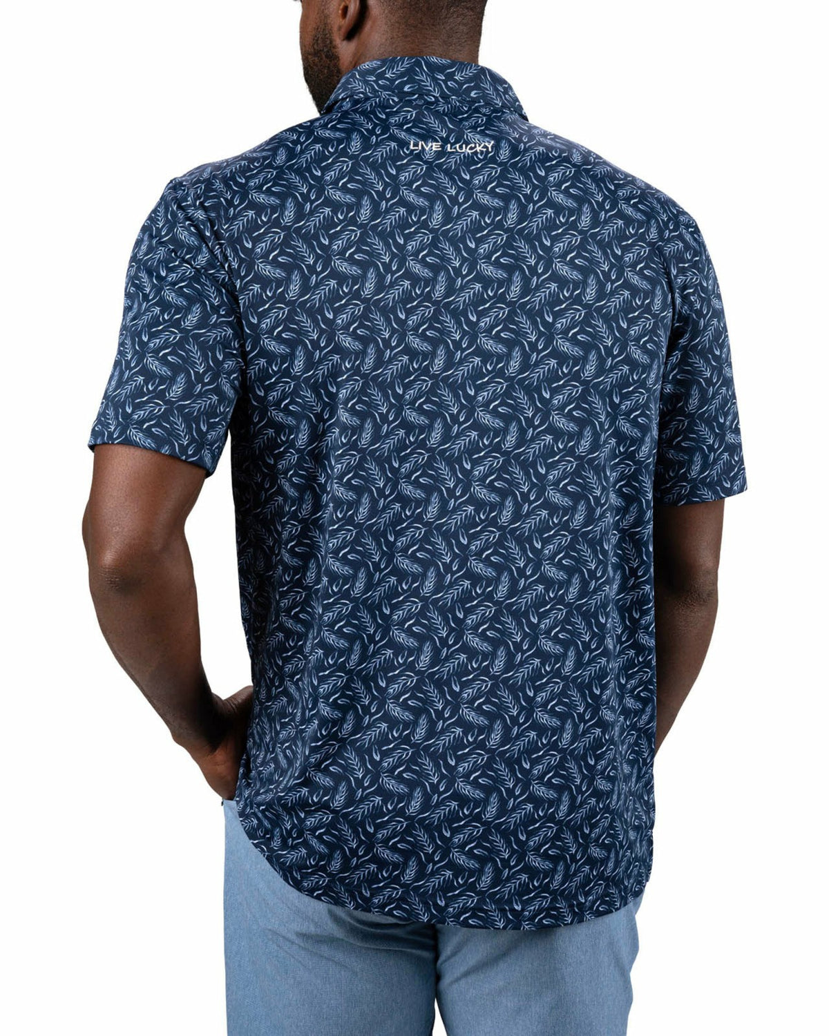 Men's Stylish Navy Blue Golf Polo with Light Blue Feather Pattern