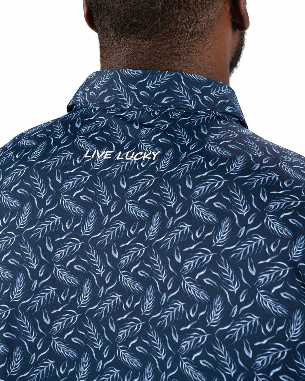 Men's Stylish Navy Blue Golf Polo with Light Blue Feather Pattern