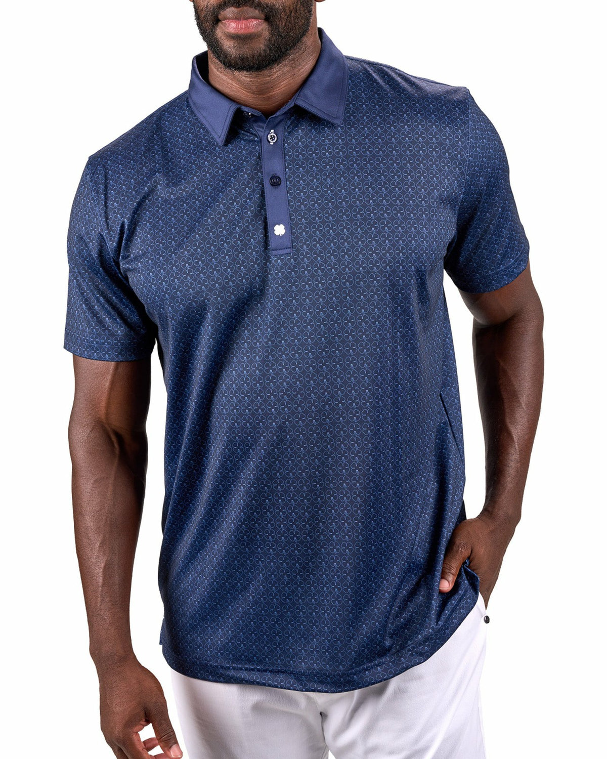 Men's Stylish Blue Performance Polo with White Clover Pattern
