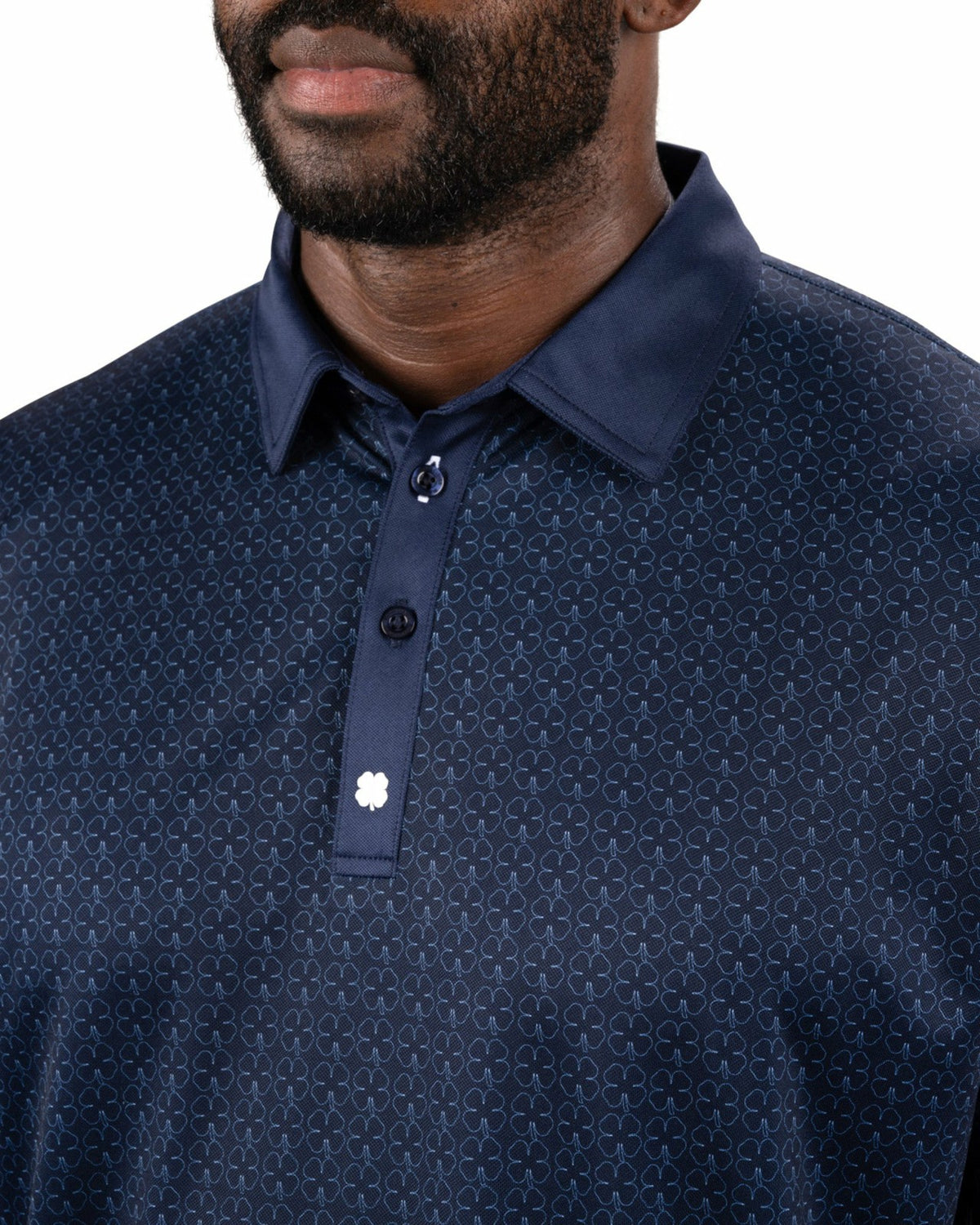 Men's Stylish Blue Performance Polo with White Clover Pattern