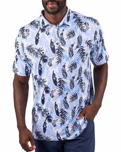 Blue and White Tropical Print Polo for Golf or Business