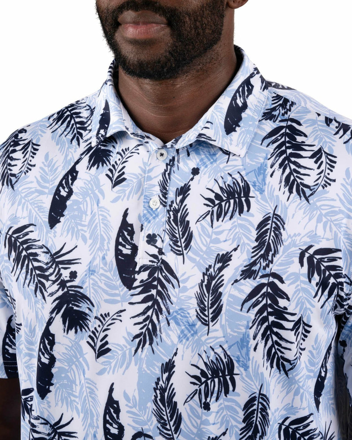 Blue and White Tropical Print Polo for Golf or Business