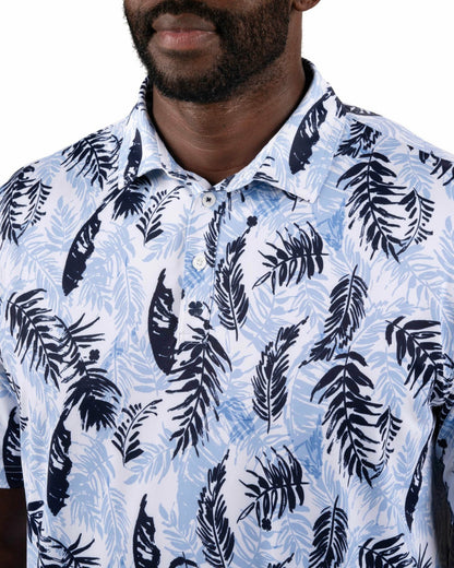 Blue and White Tropical Print Polo for Golf or Business