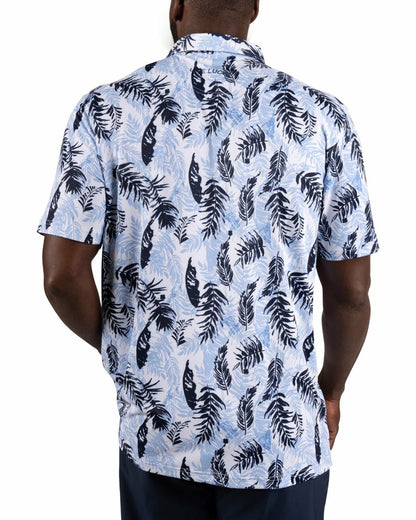Blue and White Tropical Print Polo for Golf or Business