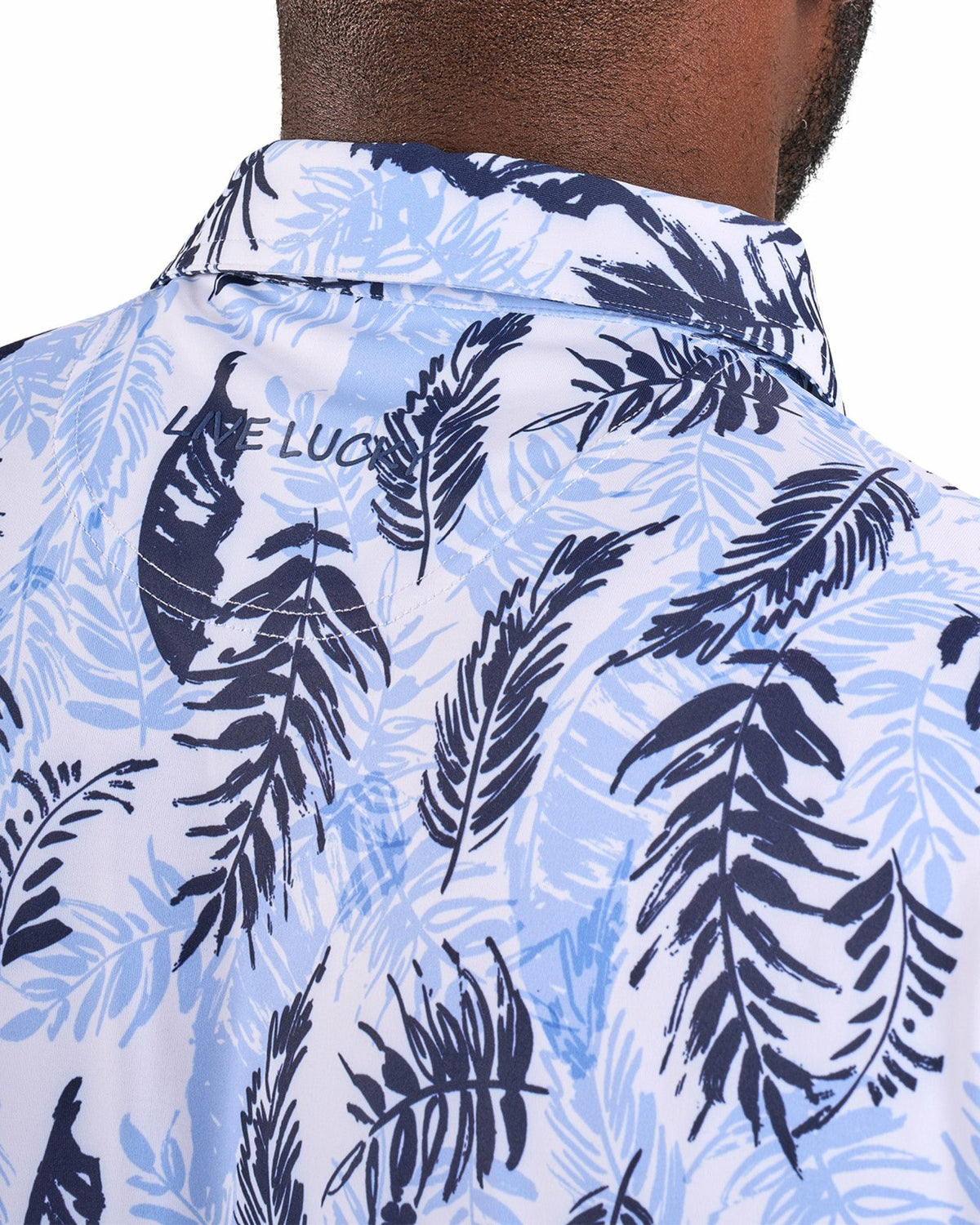 Blue and White Tropical Print Polo for Golf or Business