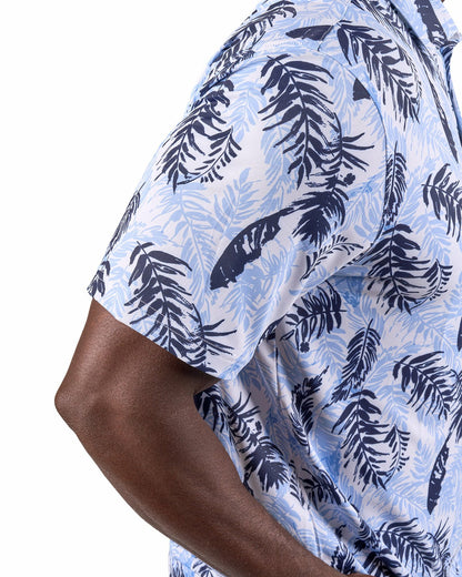 Blue and White Tropical Print Polo for Golf or Business