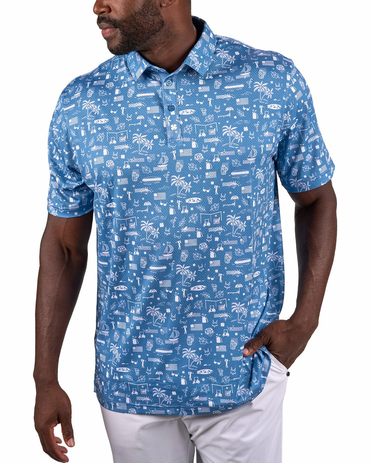 Black and White-Patterned Vacation-Themed Men's Golf Polo