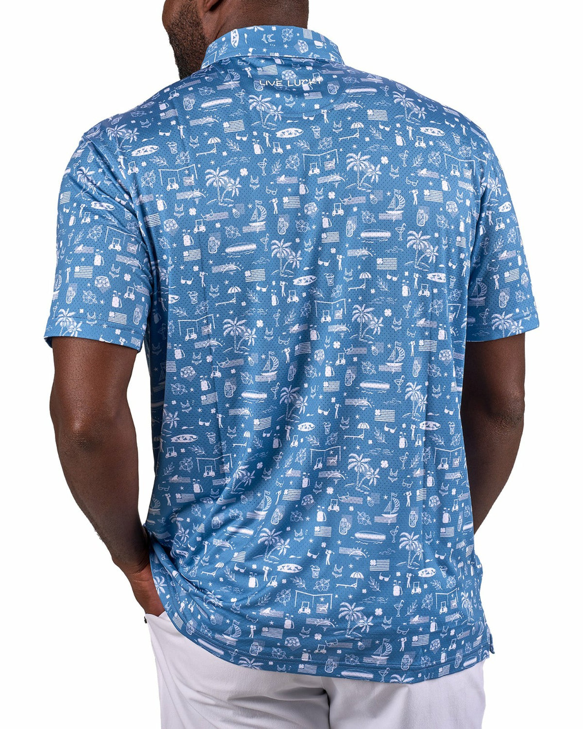 Black and White-Patterned Vacation-Themed Men's Golf Polo