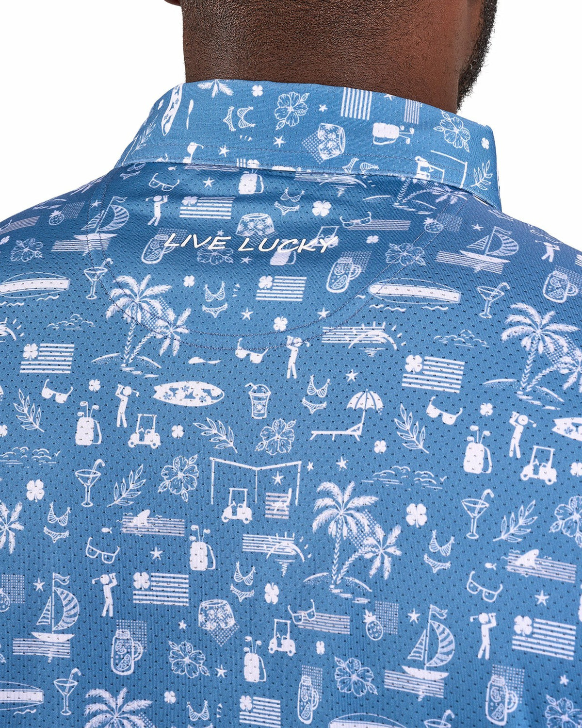 Black and White-Patterned Vacation-Themed Men's Golf Polo