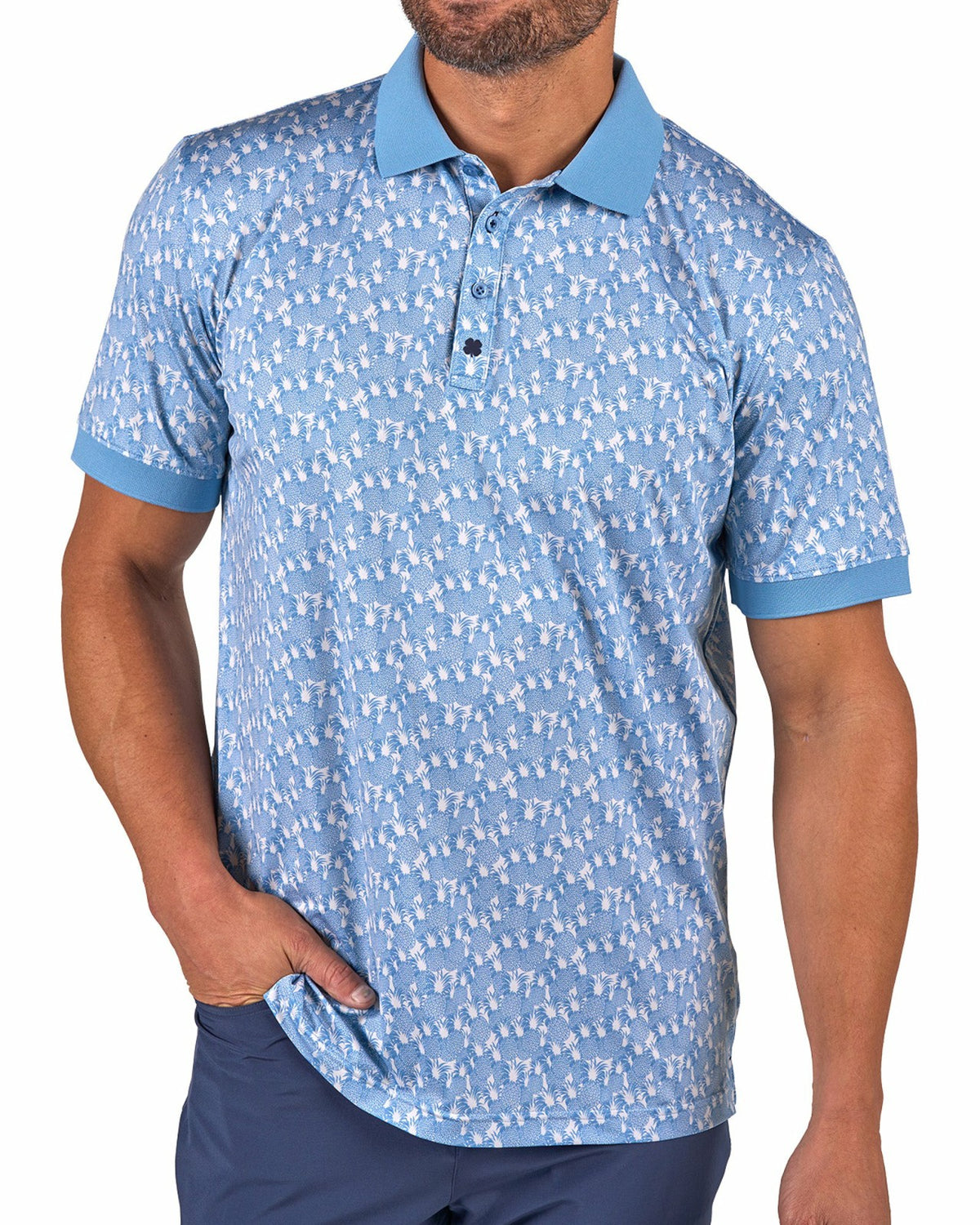 Soft Blue Pineapple-Print Tropical Polo for Vacation or Golf