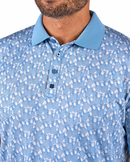 Soft Blue Pineapple-Print Tropical Polo for Vacation or Golf