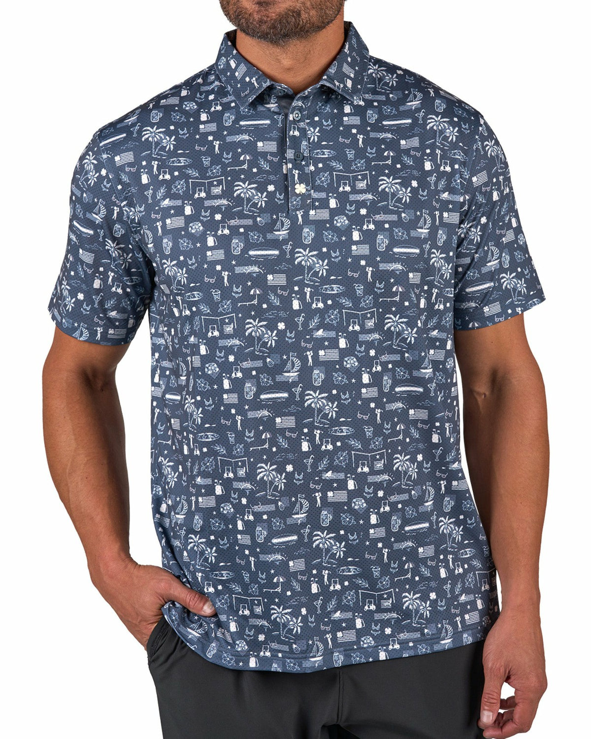 Black and White-Patterned Vacation-Themed Men's Golf Polo