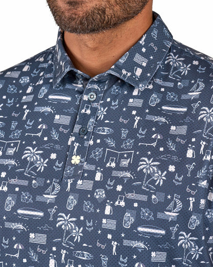 Black and White-Patterned Vacation-Themed Men's Golf Polo