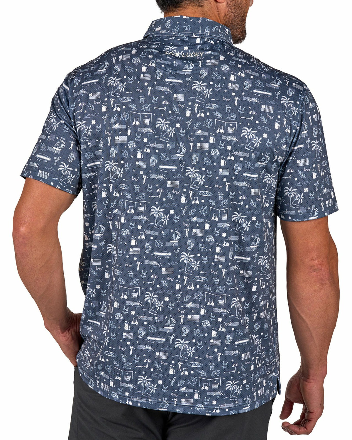 Black and White-Patterned Vacation-Themed Men's Golf Polo