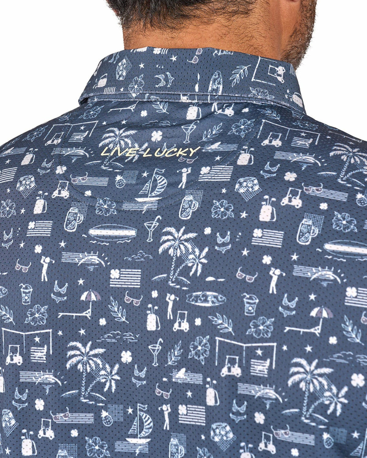 Black and White-Patterned Vacation-Themed Men's Golf Polo