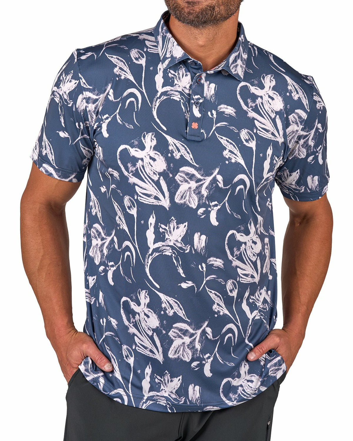 Men's Versatile Black and White Floral Polo for Golf or Business