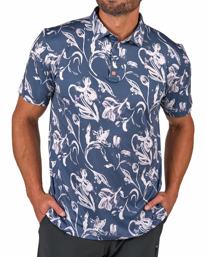Men's Versatile Black and White Floral Polo for Golf or Business