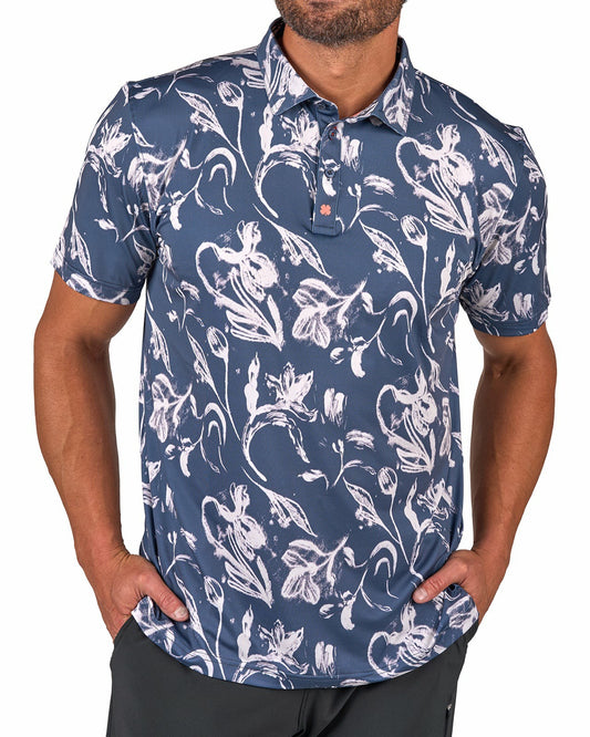 Men's Versatile Black and White Floral Polo for Golf or Business