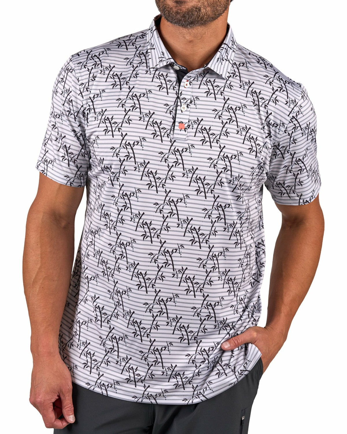 Trendy Bamboo Patterned Men's Golf Polo with Subtle Stripes