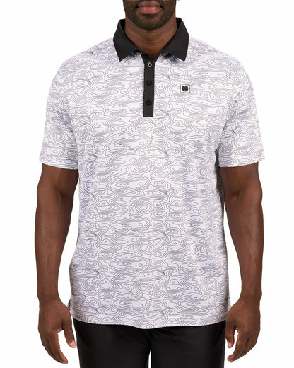 Modern Black and White Patterned Golf Polo with Black Collar and Placket
