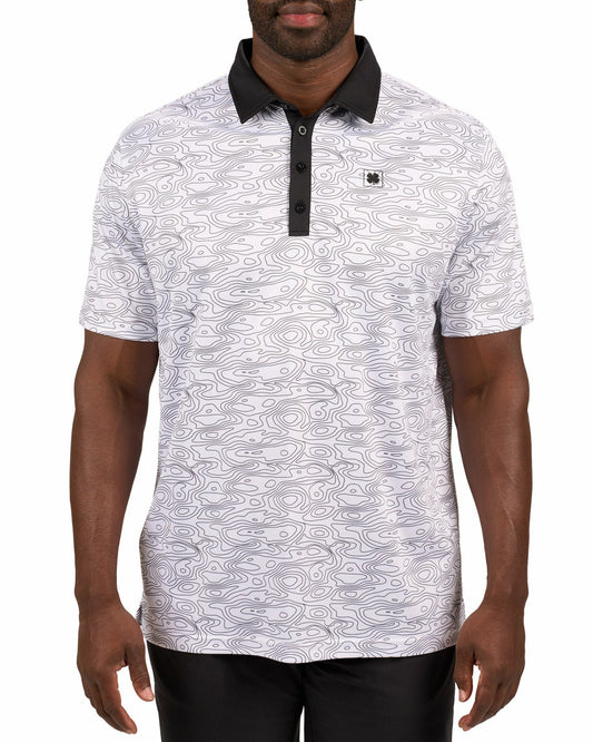 Modern Black and White Patterned Golf Polo with Black Collar and Placket
