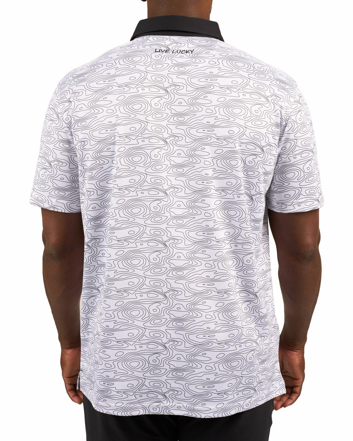 Modern Black and White Patterned Golf Polo with Black Collar and Placket