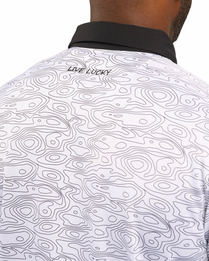 Modern Black and White Patterned Golf Polo with Black Collar and Placket