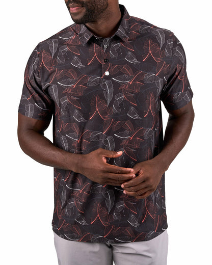 Stylish Black Palm Leaf Patterned Polo for Golf or Business